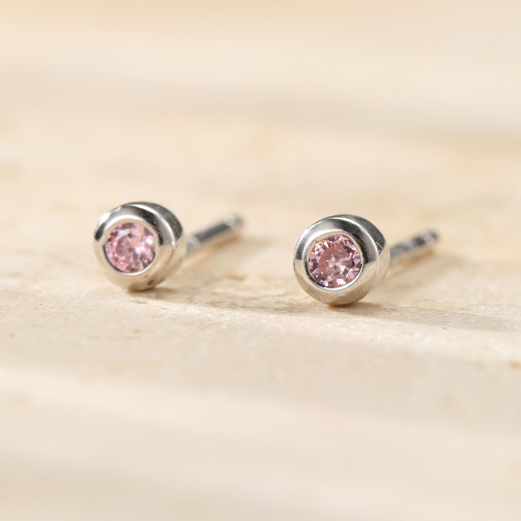Small Pink Bezel Stud Earrings Sterling Silver