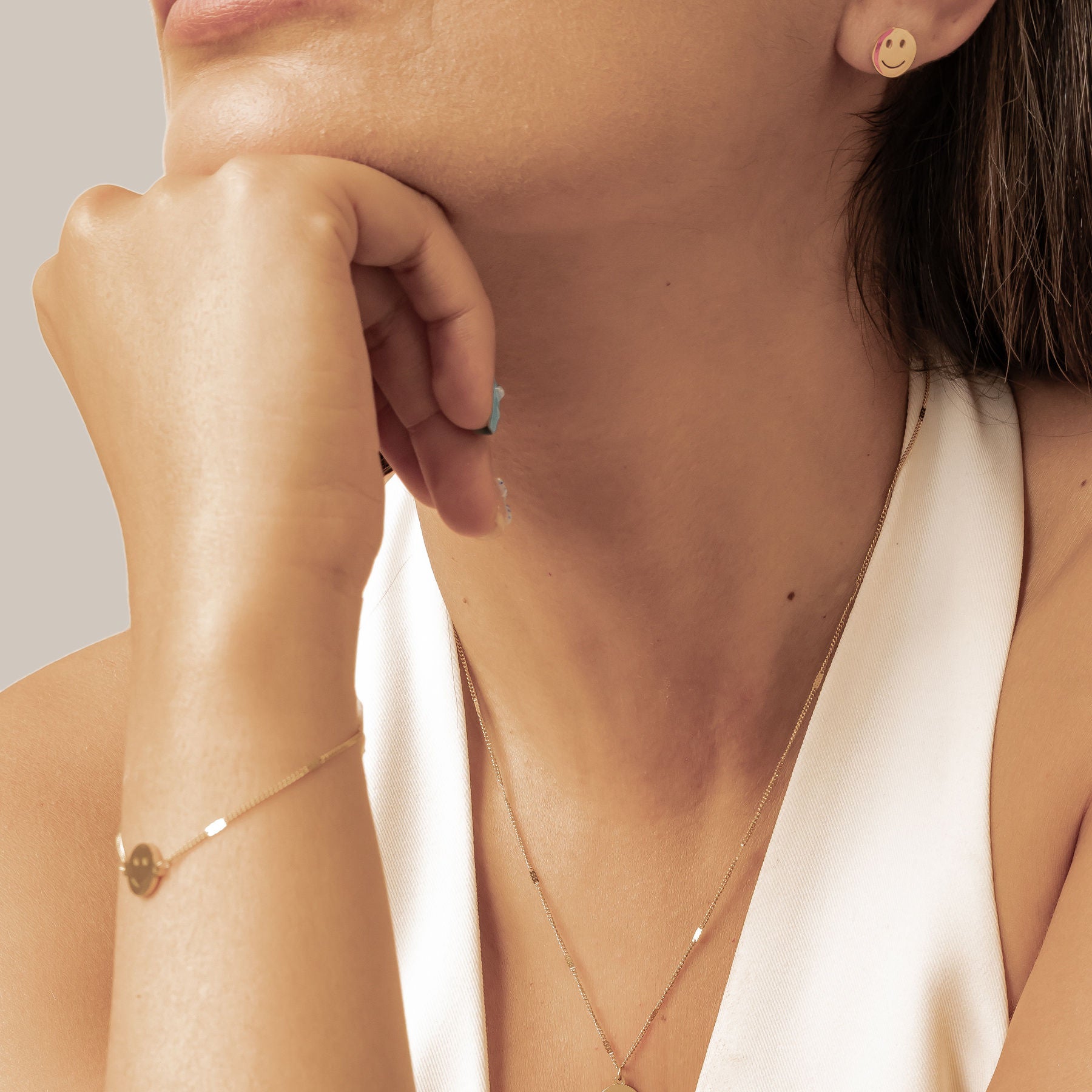 Smiley Face Pendant Chain Bracelet Gold