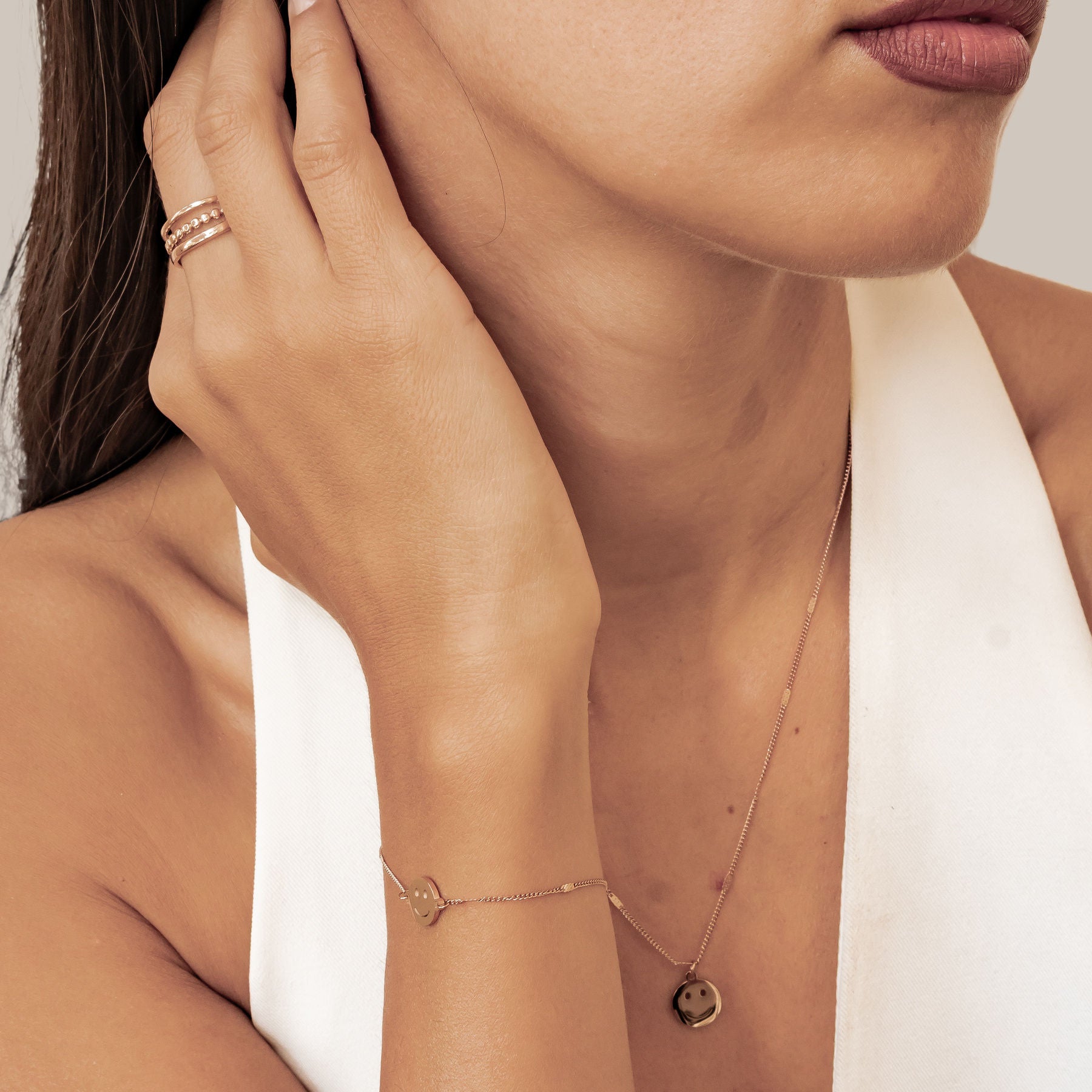Smiley Face Pendant Chain Bracelet Rose Gold