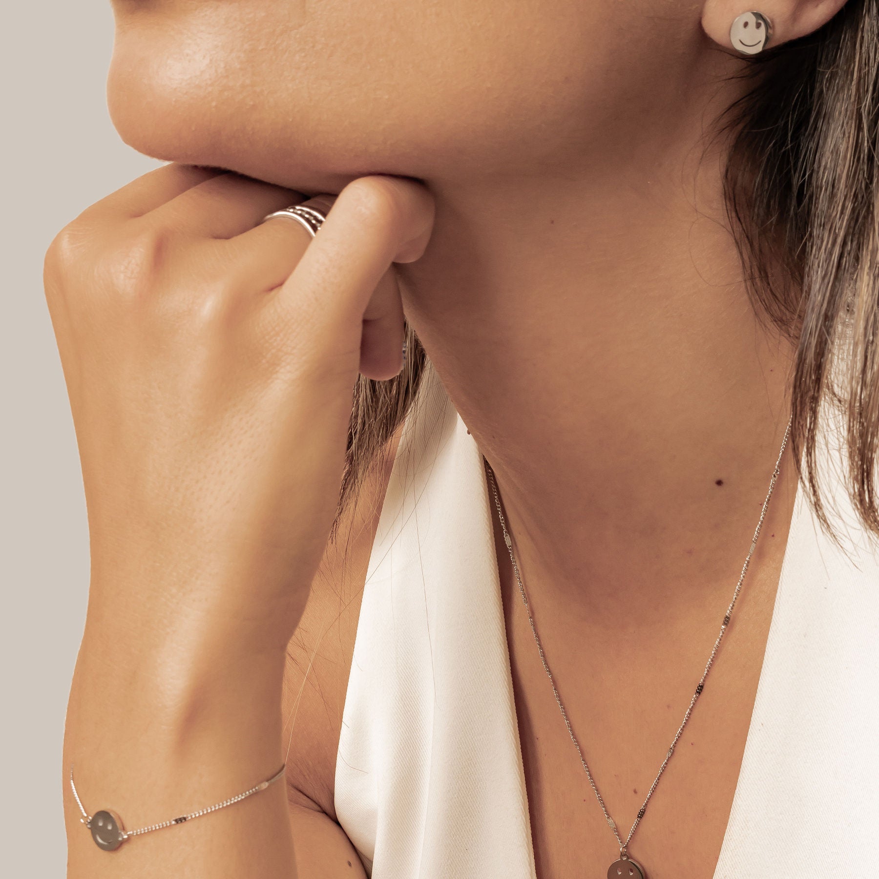 Smiley Face Pendant Chain Bracelet Silver