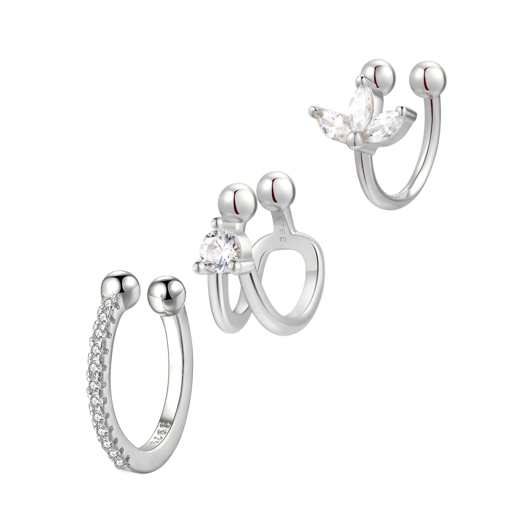 Solitaire Ear Cuff Set of 3 Sterling Silver