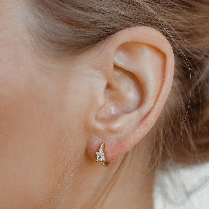 Square Gemstone Huggie Earrings Sterling Silver Gold