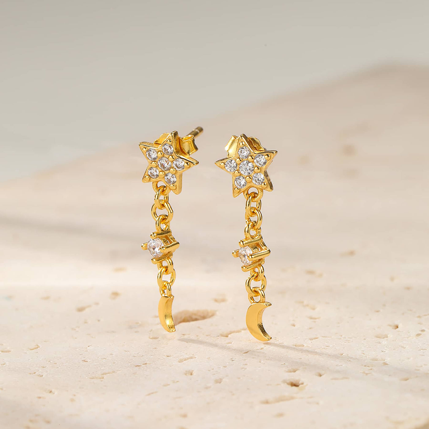 Boucles d’Oreill Goutte Étoile et Lune Sterling Argent