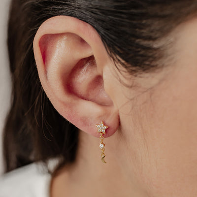 Boucles d’Oreill Goutte Étoile et Lune Sterling Argent