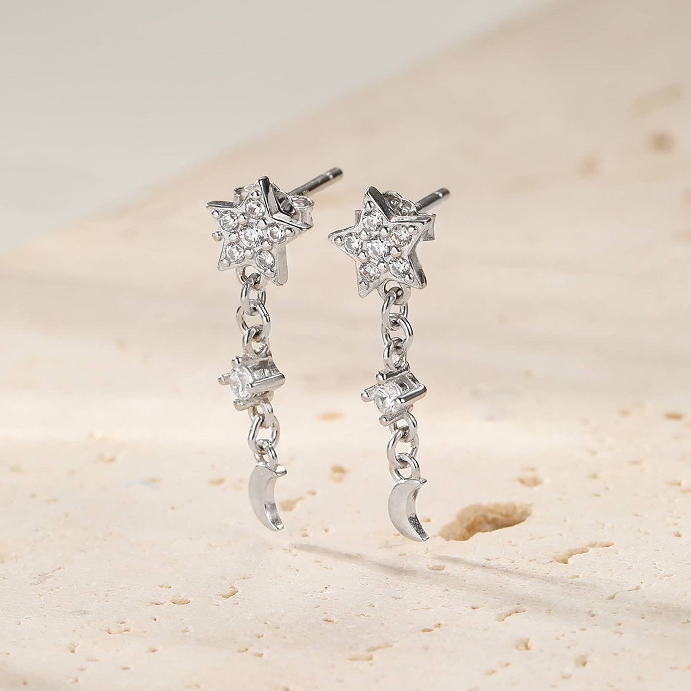 Boucles d’Oreill Goutte Étoile et Lune Sterling Argent