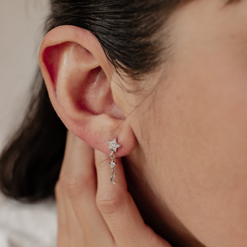 Boucles d’Oreill Goutte Étoile et Lune Sterling Argent