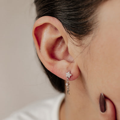 Boucles d’Oreill Goutte Étoile et Lune Sterling Argent