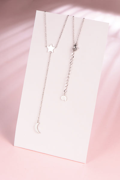 Star Moon Lariat Y Necklace Silver