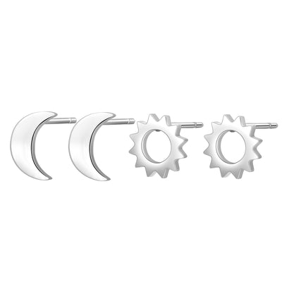 Sun Moon Stud Earrings Set Silver