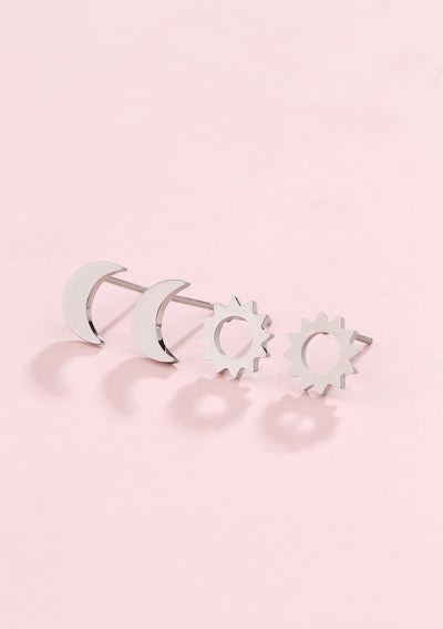 Sun Moon Stud Earrings Set Silver