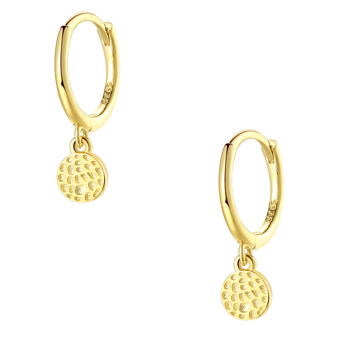 Pendientes Huggie de Plata de Ley 925 Moneda Texturizada en Oro Vermeil