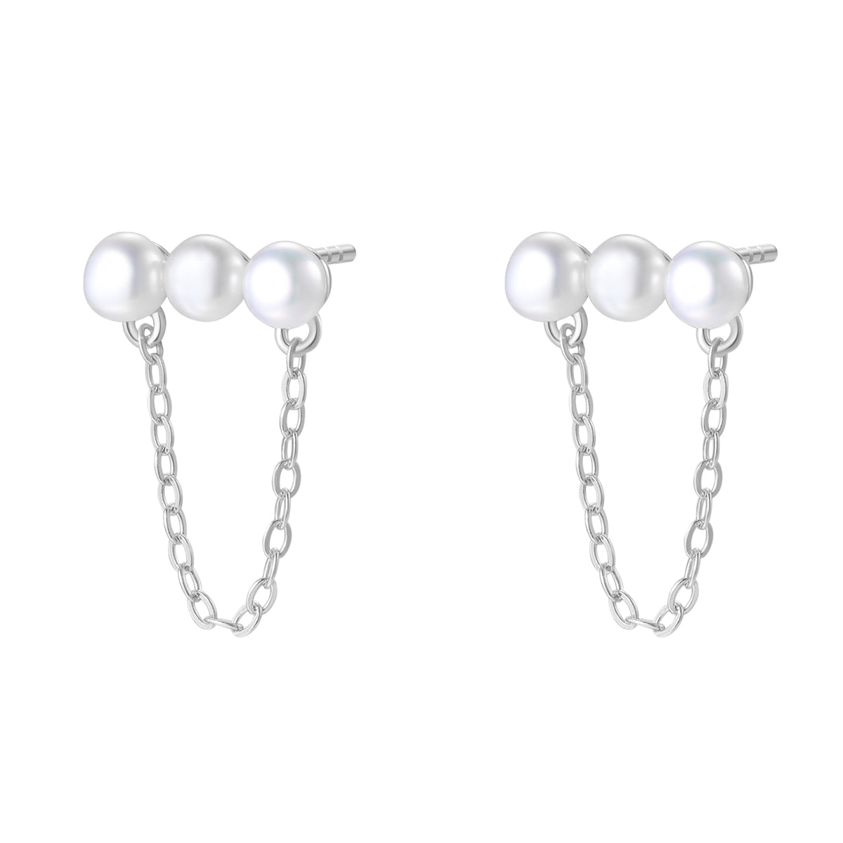 Boucles d’Oreilles Chaîne Trois Perles Sterling Argent 