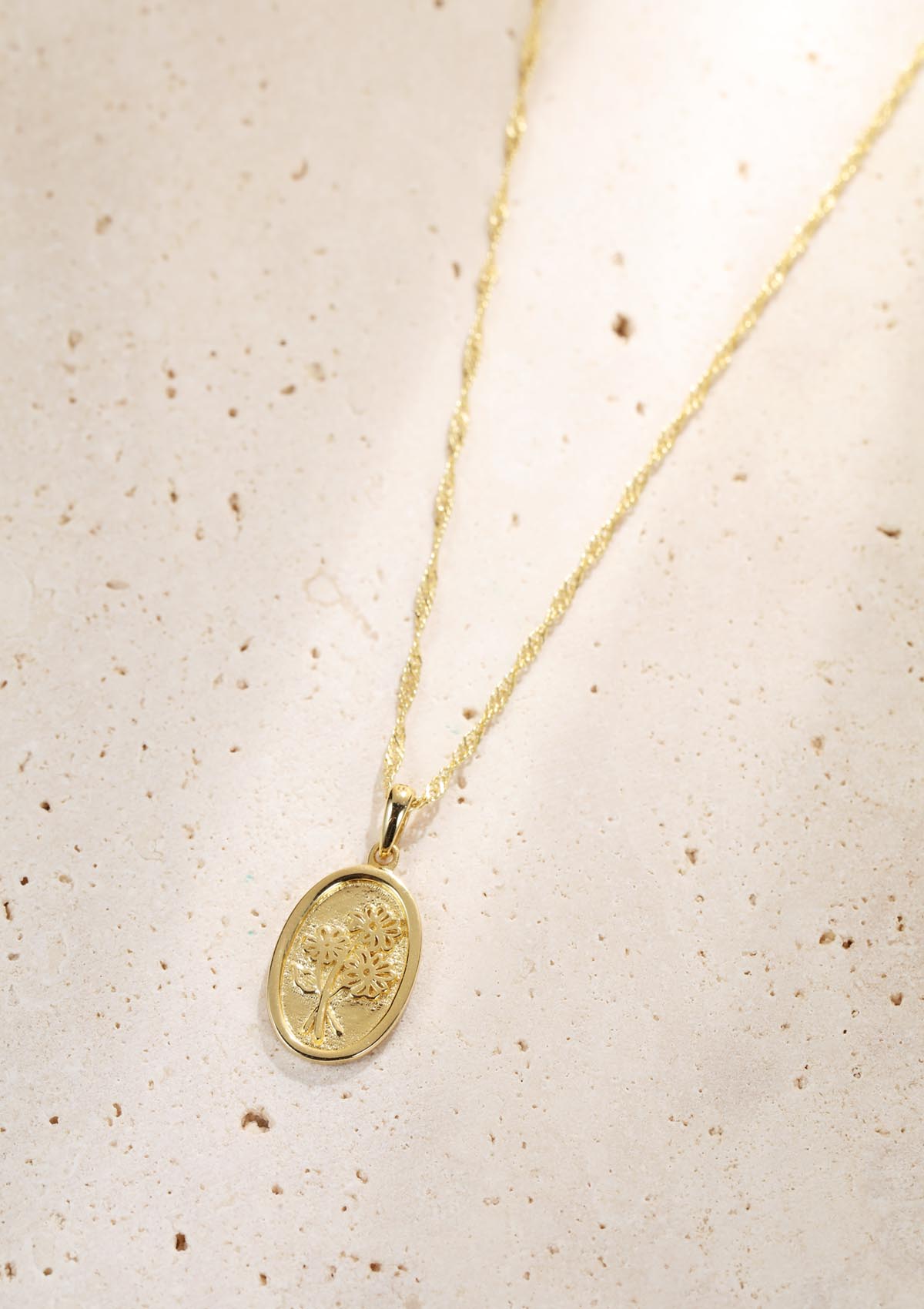 Oval Daisy Pendant Necklace Sterling Silver Gold