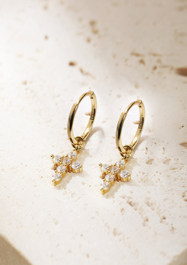 Cross Charm Hoop Earrings Sterling Silver Gold