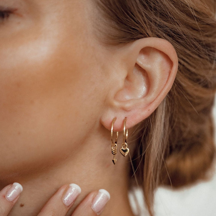 Heart and Arrow Charm Hoop Earrings Sterling Silver Gold