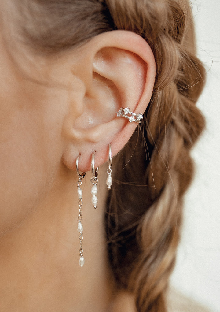 Triple Pearl Huggie Earrings Sterling Silver