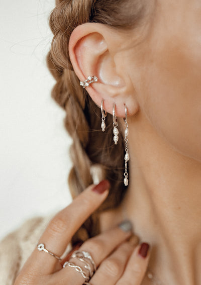 Triple Pearl Huggie Earrings Sterling Silver