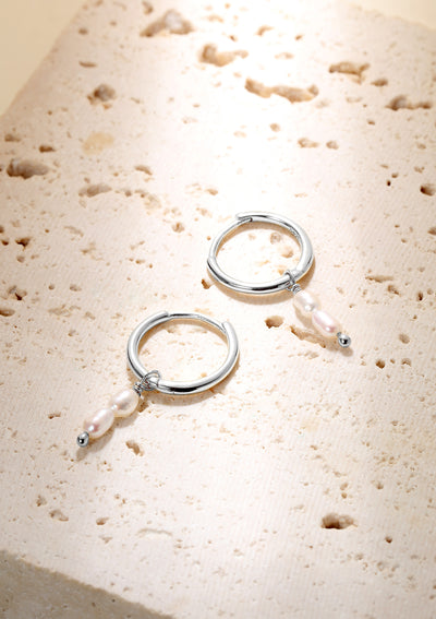 Double Pearl Charm Hoop Earrings Sterling Silver