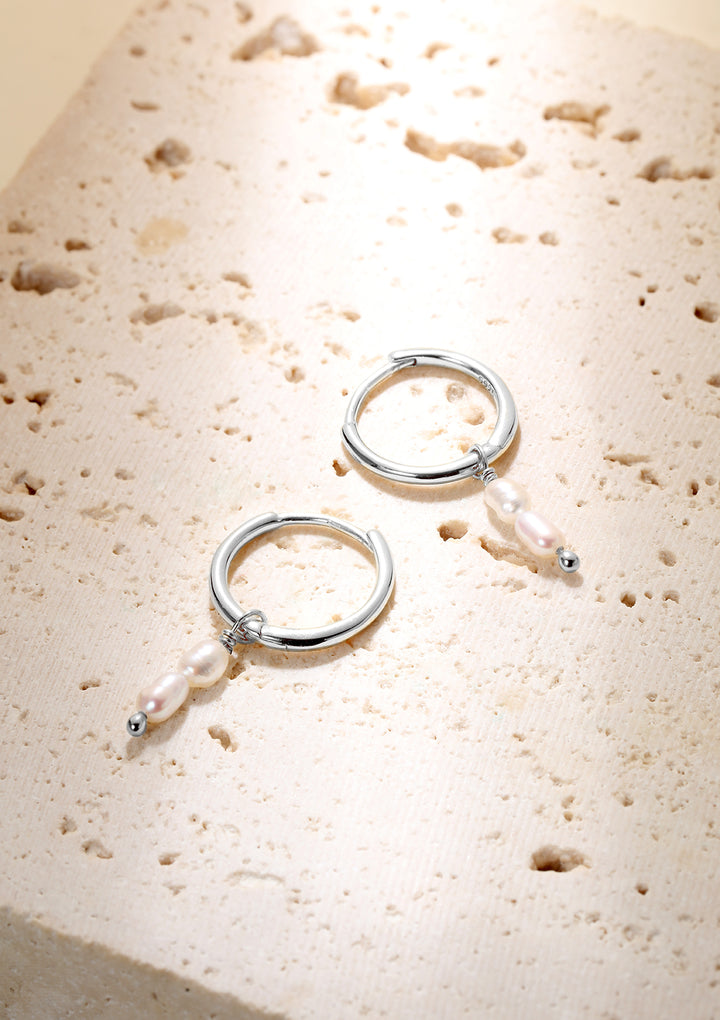 Double Pearl Charm Hoop Earrings Sterling Silver