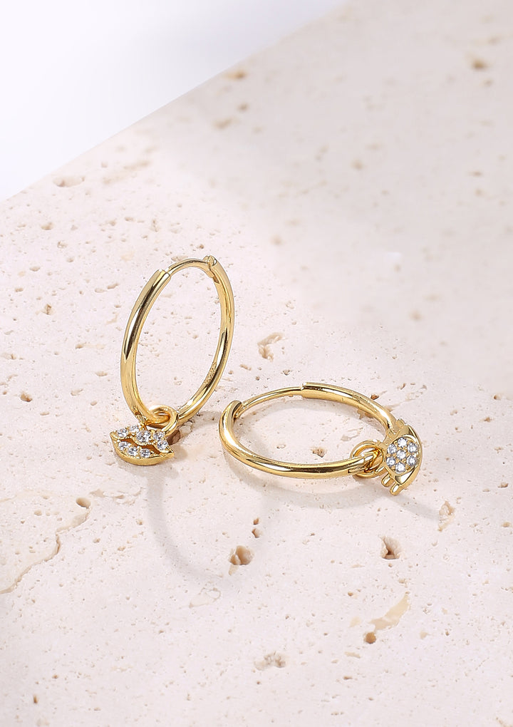 Eyes and Lips Charm Hoop Earrings Sterling Silver Gold