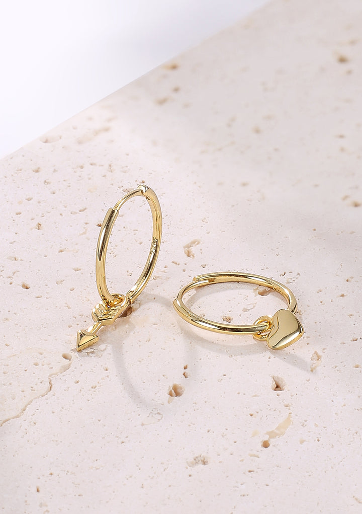 Heart and Arrow Charm Hoop Earrings Sterling Silver Gold
