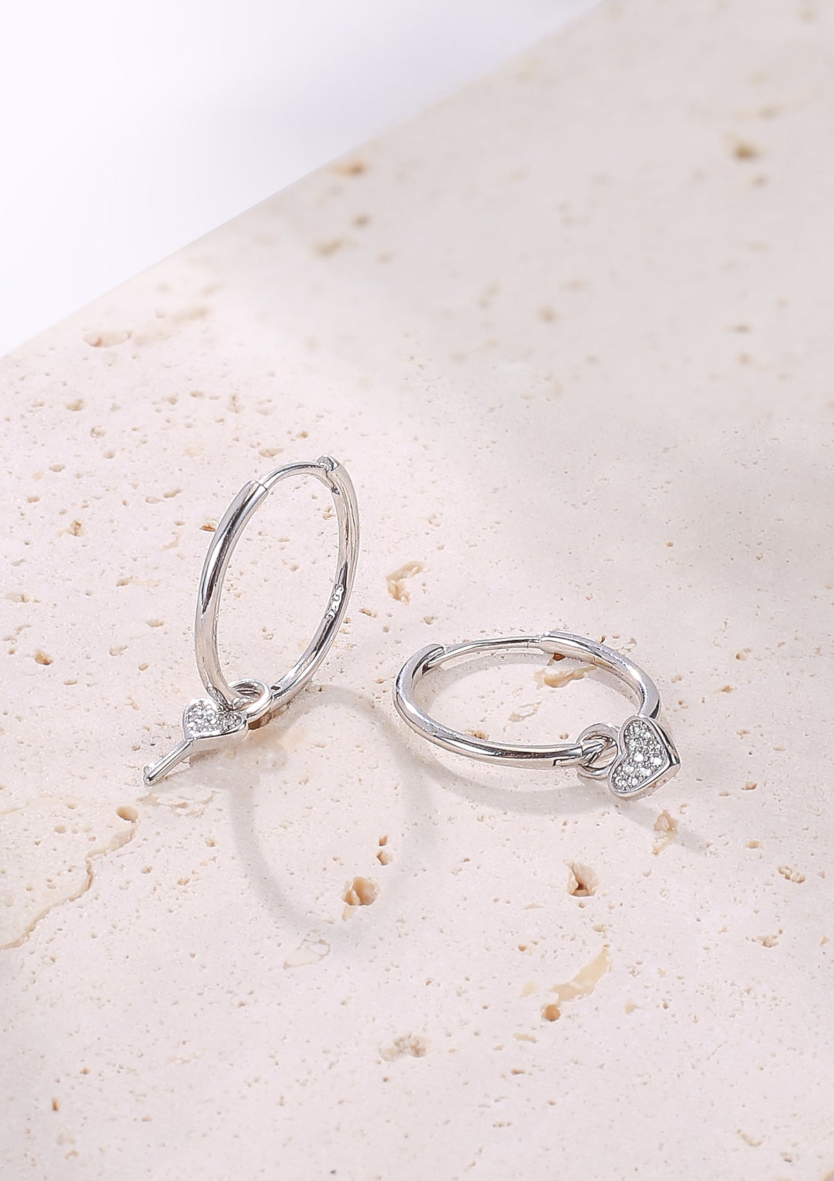 Heart and Key Charm Hoop Earrings Sterling Silver