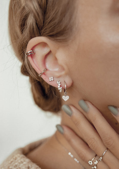 Heart Charm Hoop Earrings Sterling Silver