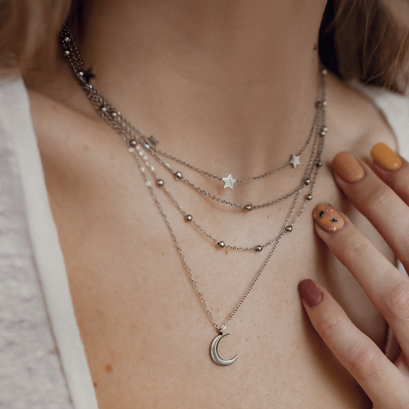 Layering Necklaces Stars and Moon in Silver