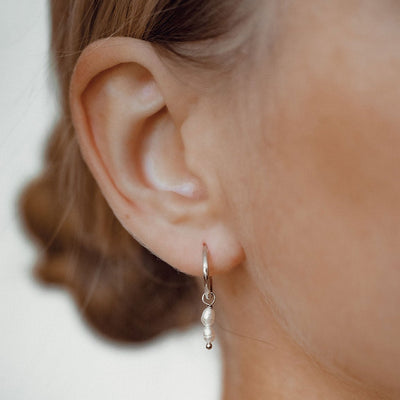 Double Pearl Charm Hoop Earrings Sterling Silver