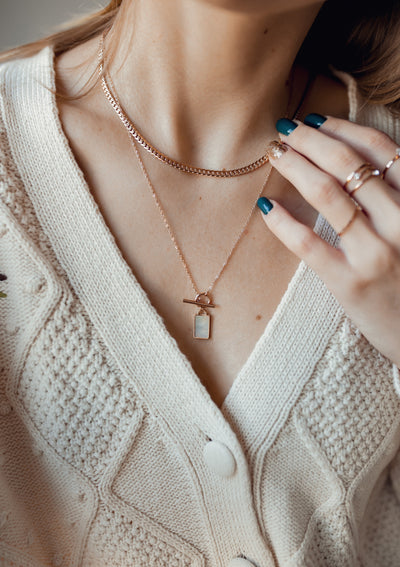 Shell Rectangle Pendant T-Bar Chain Necklace Rose Gold