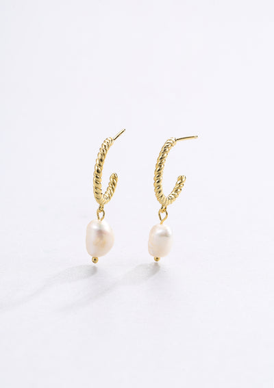 Twisted Hoop Pearl Drop Earrings Sterling Silver Gold