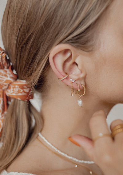 Twisted Hoop Pearl Drop Earrings Sterling Silver Gold