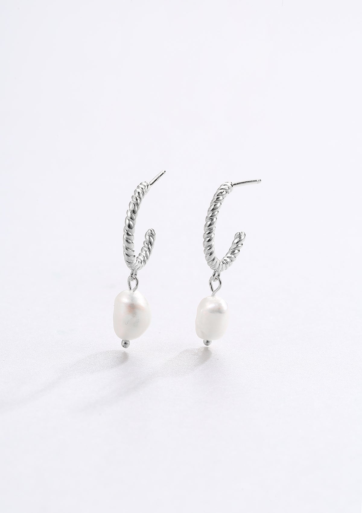 Twisted Hoop Pearl Drop Earrings Sterling Silver