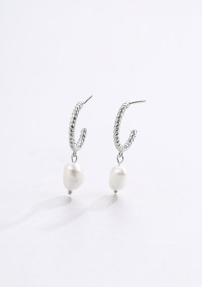 Twisted Hoop Pearl Drop Earrings Sterling Silver